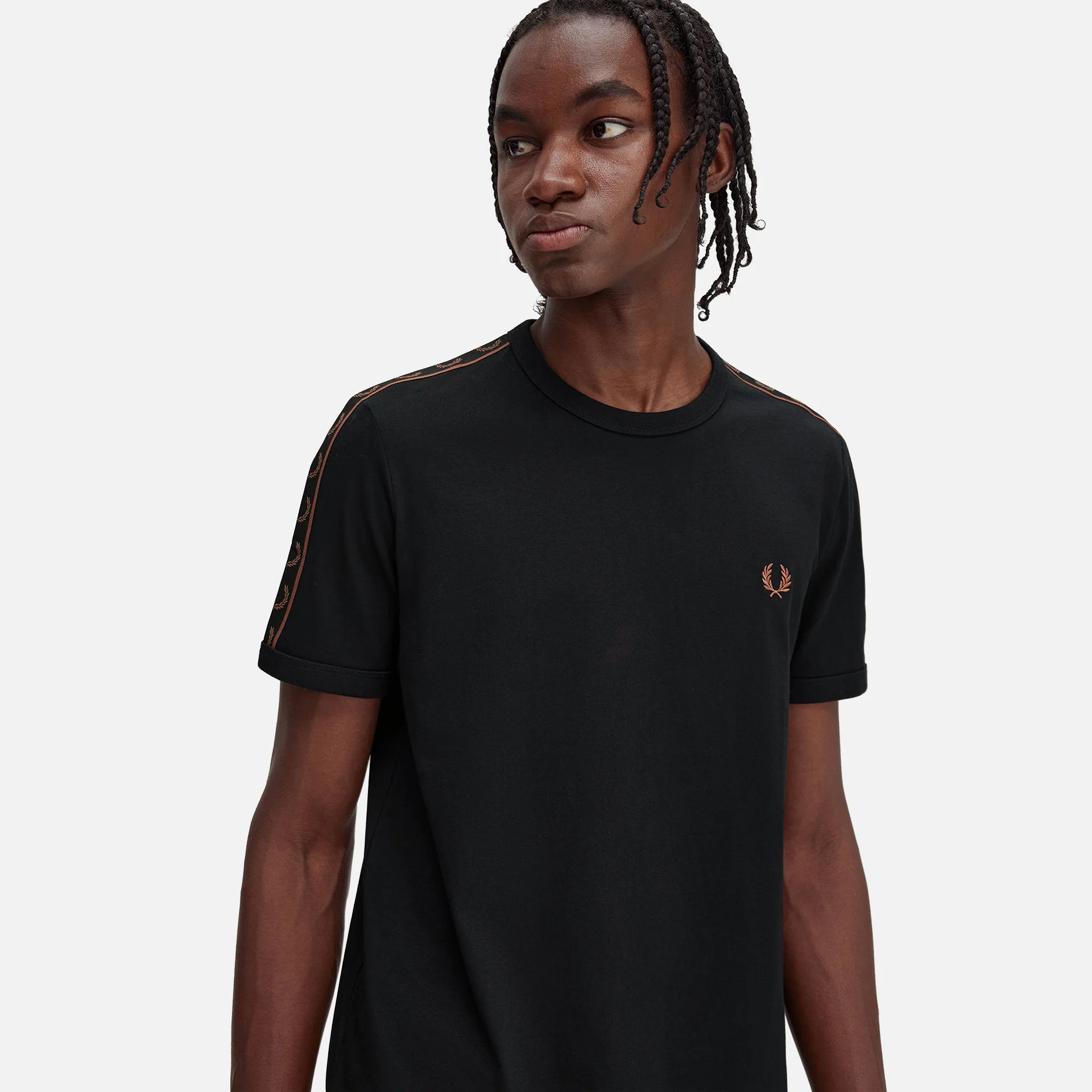 Fred Perry Contrast Tape Ringer T Shirt Black Whiskey Brown