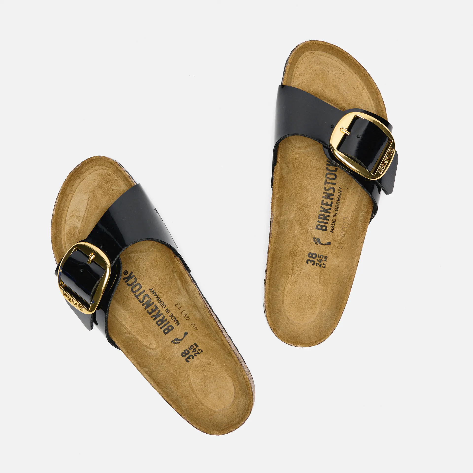 Birkenstock Madrid Big Buckle Birko-Flor Sandals Patent Black Gold