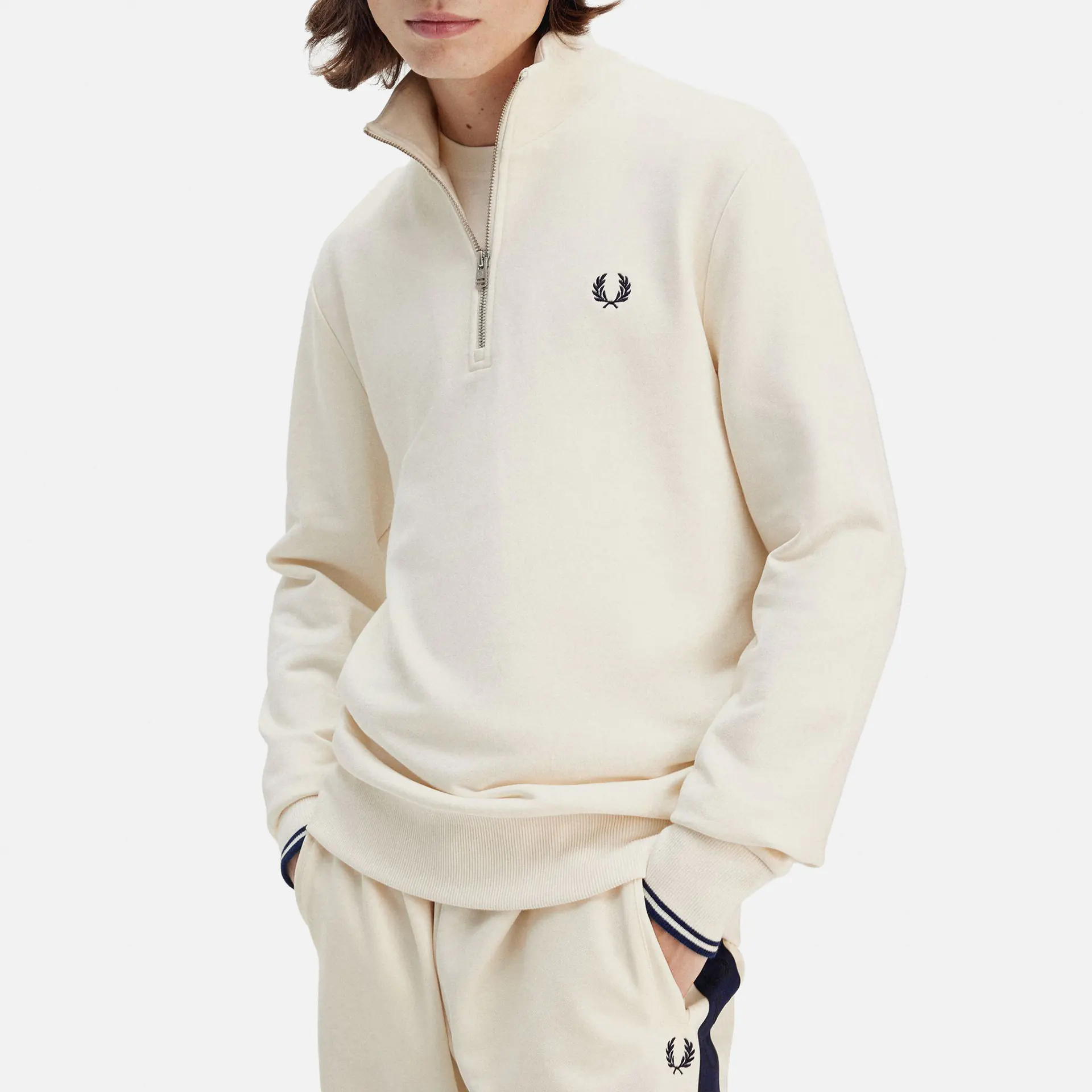 Fred Perry Half Zip Sweatshirt Ecru/Tennis Blue