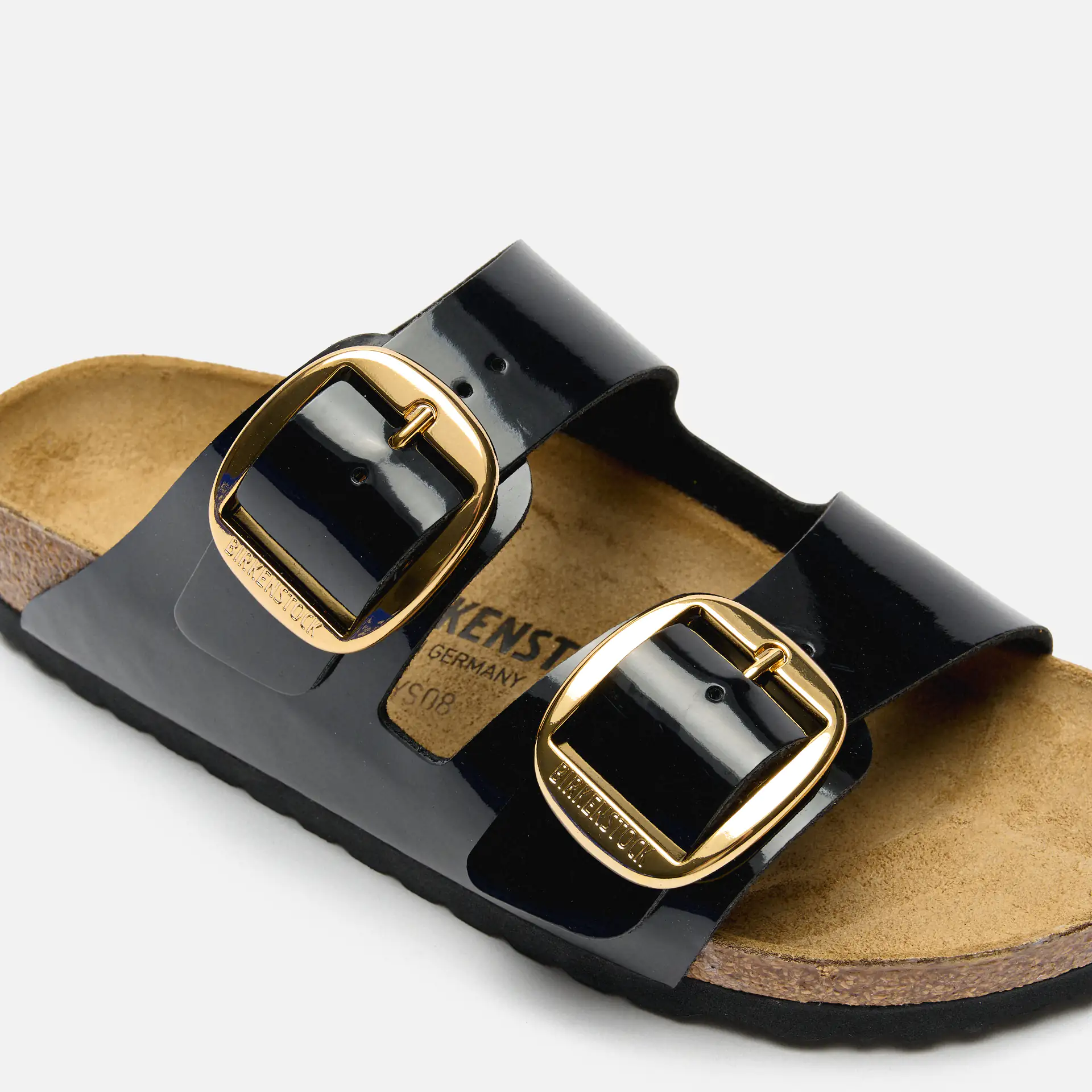 Birkenstock Arizona Big Buckle Birko Flor Sandals Patent Black Gold