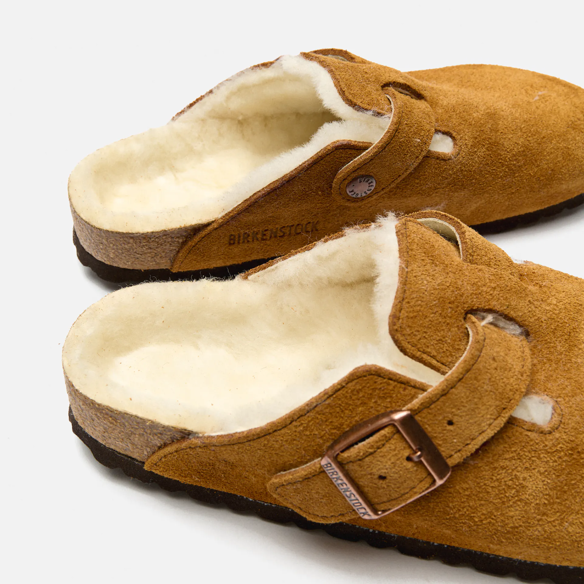 Birkenstock Boston Narrow Shearling Suede Leather Fur Sandals Mink