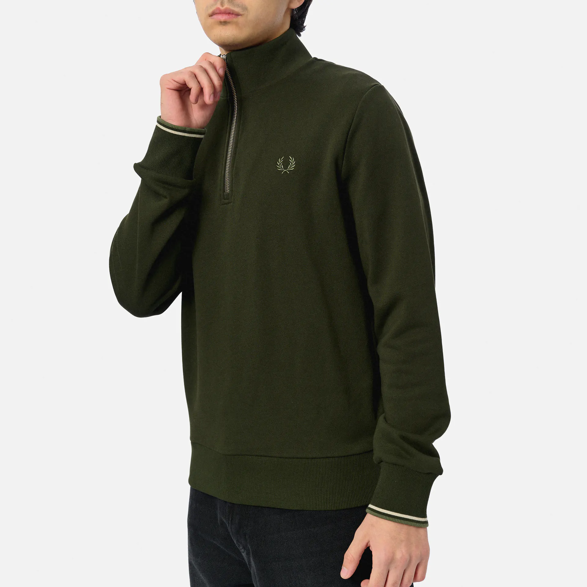 Fred Perry Half Zip Sweatshirt Hunting Green/Light Oyster/Laurel Wreath Green