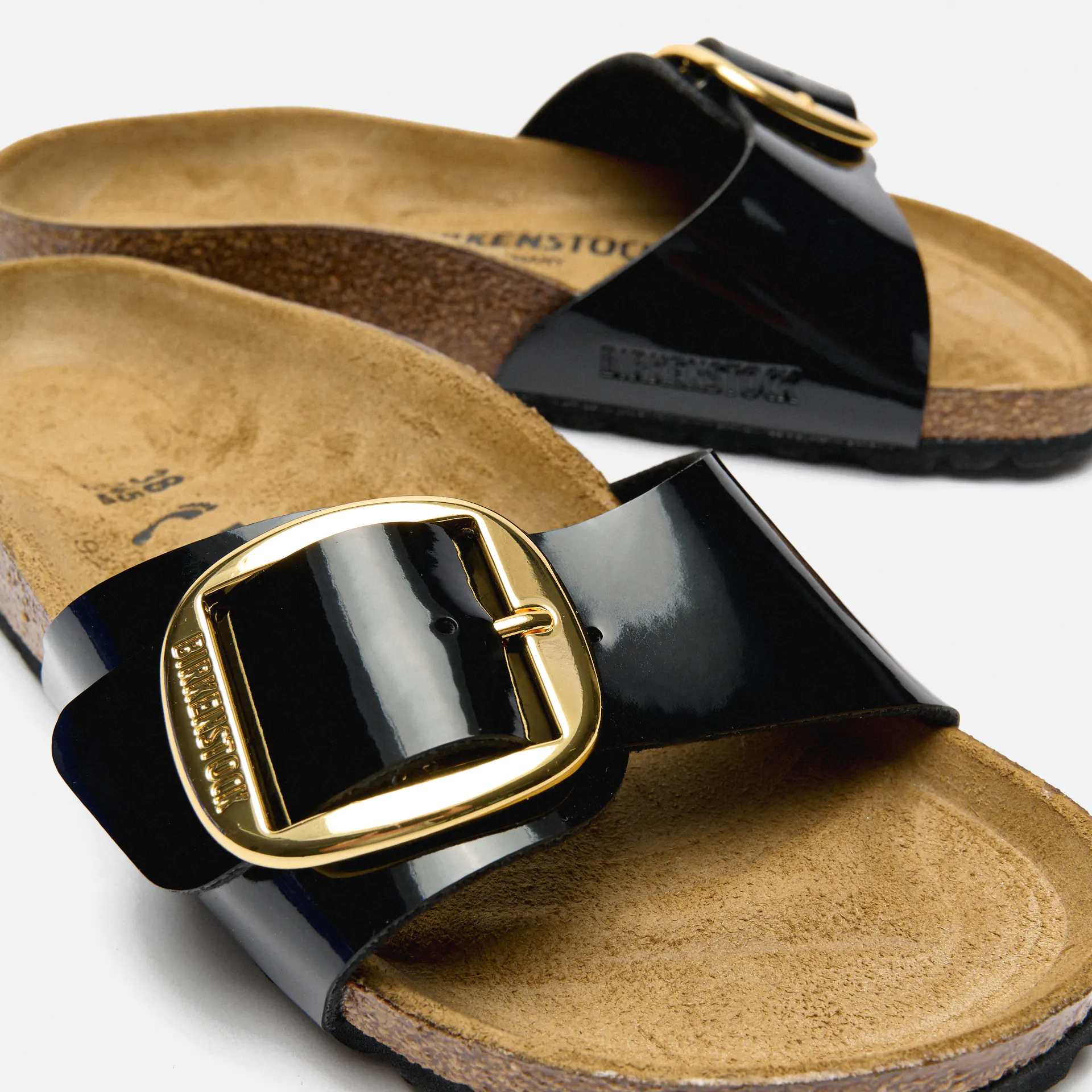 Birkenstock Madrid Big Buckle Birko-Flor Sandals Patent Black Gold