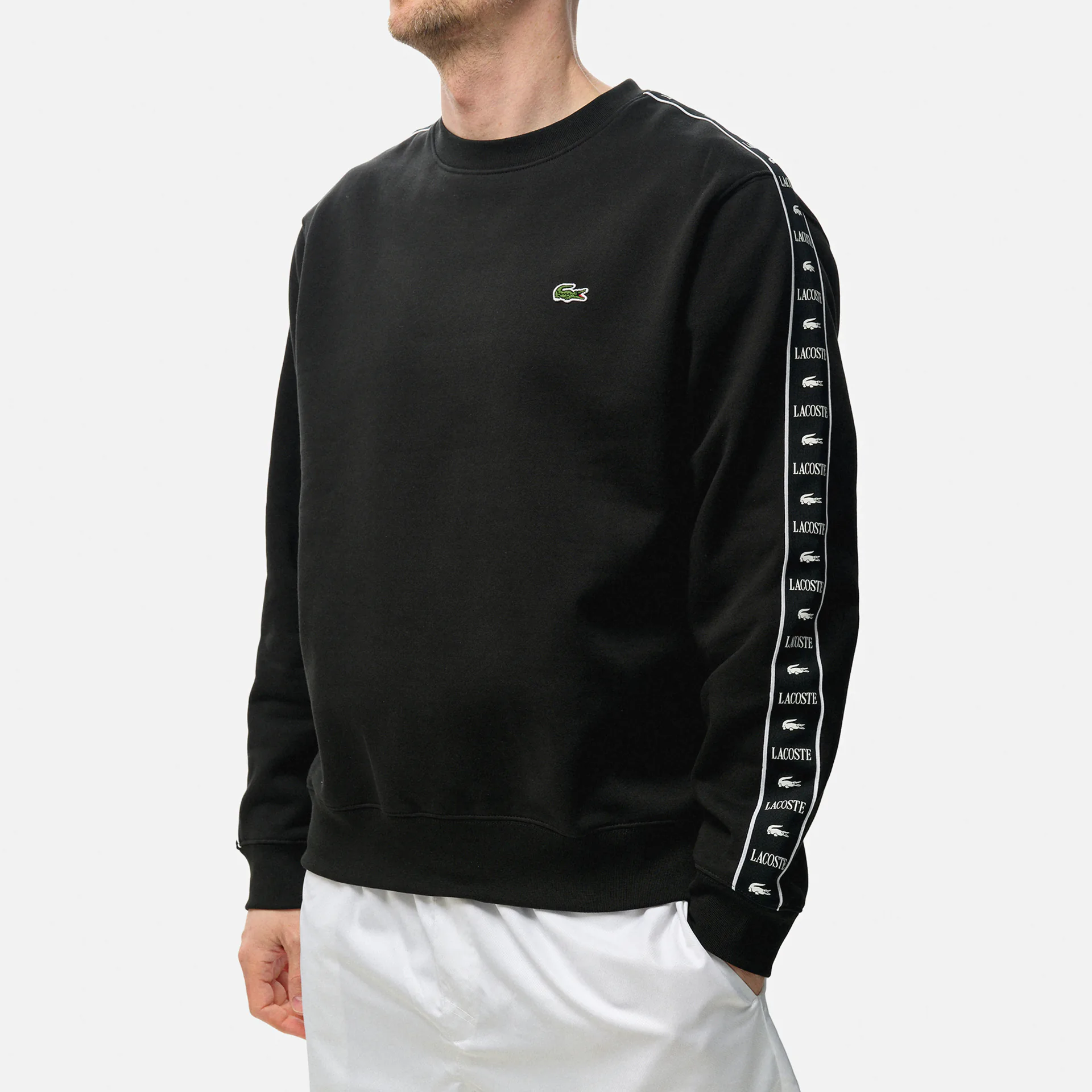  Lacoste Logo Stripe Sleeve Sweatshirt Black