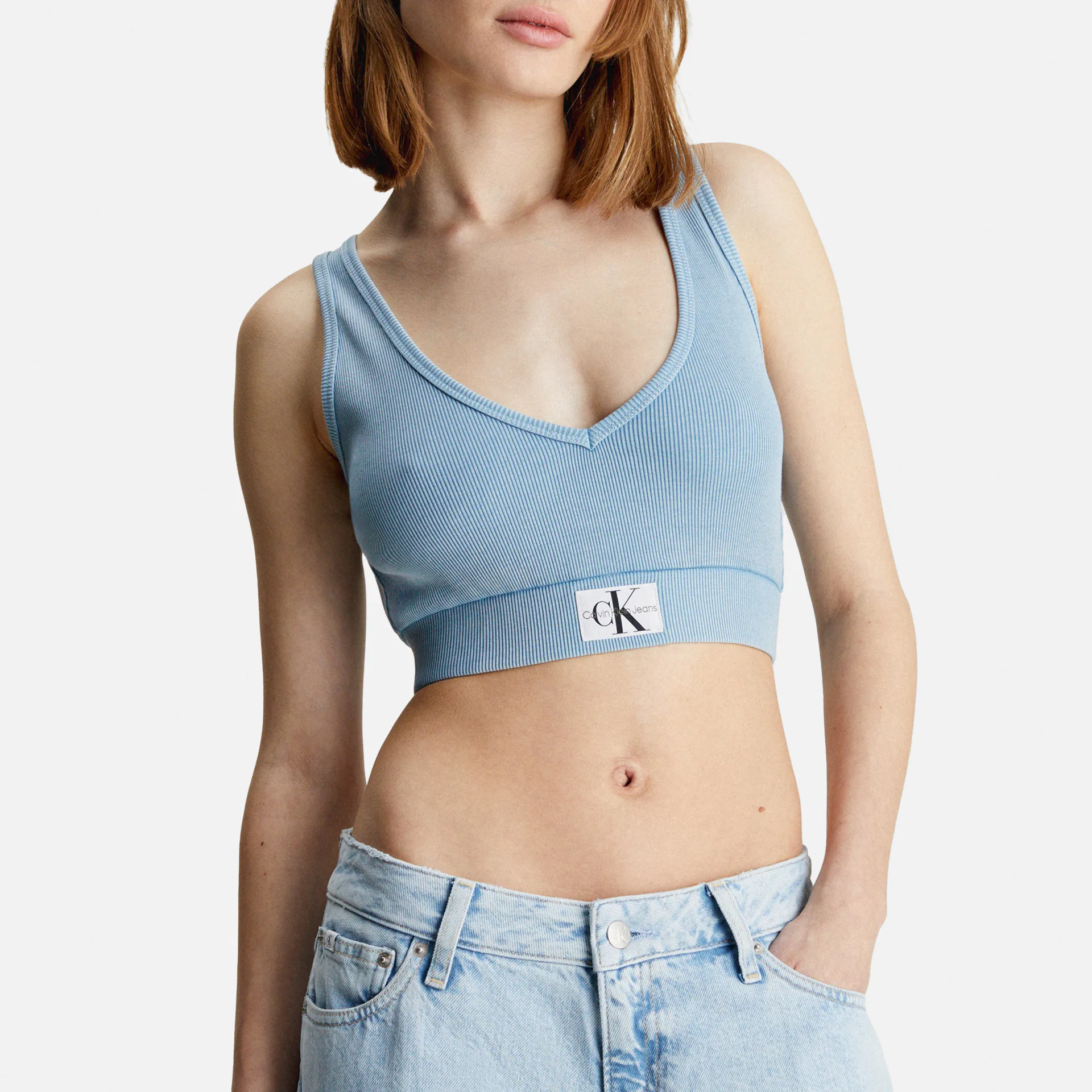 Calvin Klein Jeans Rib Crop V-Neck Top Washed Blue