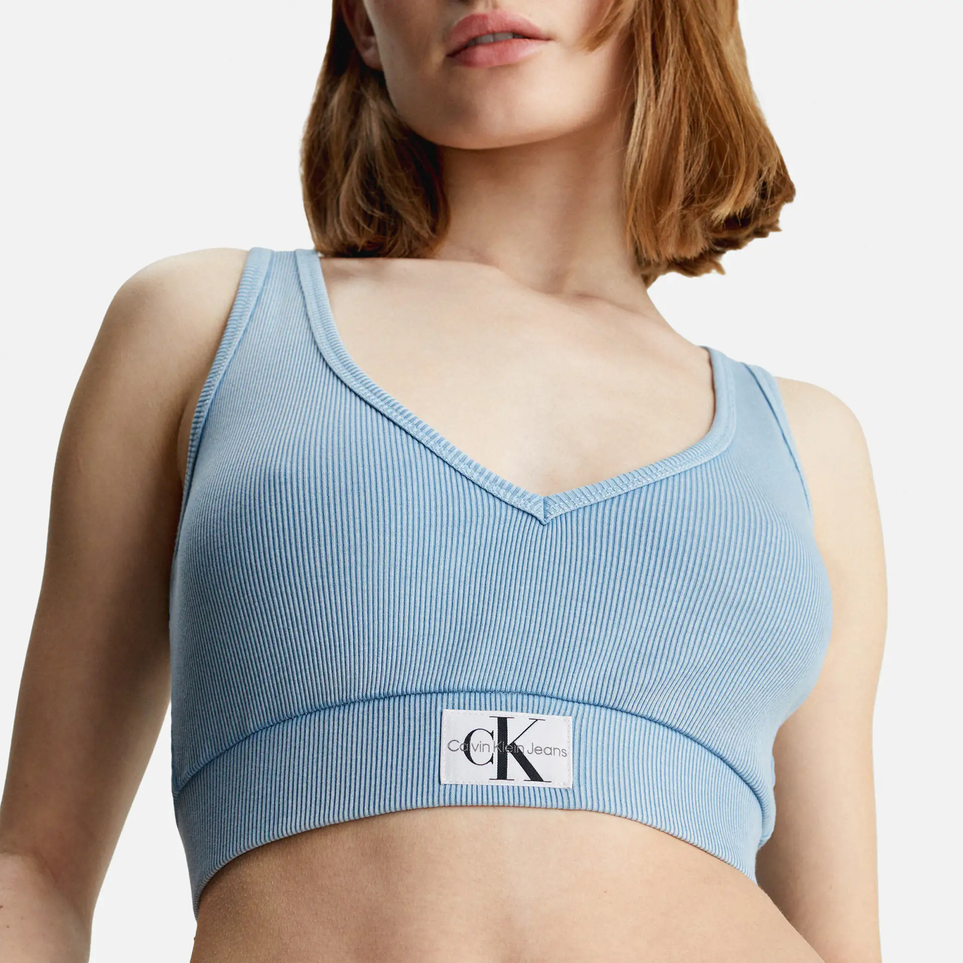 Calvin Klein Jeans Rib Crop V-Neck Top Washed Blue