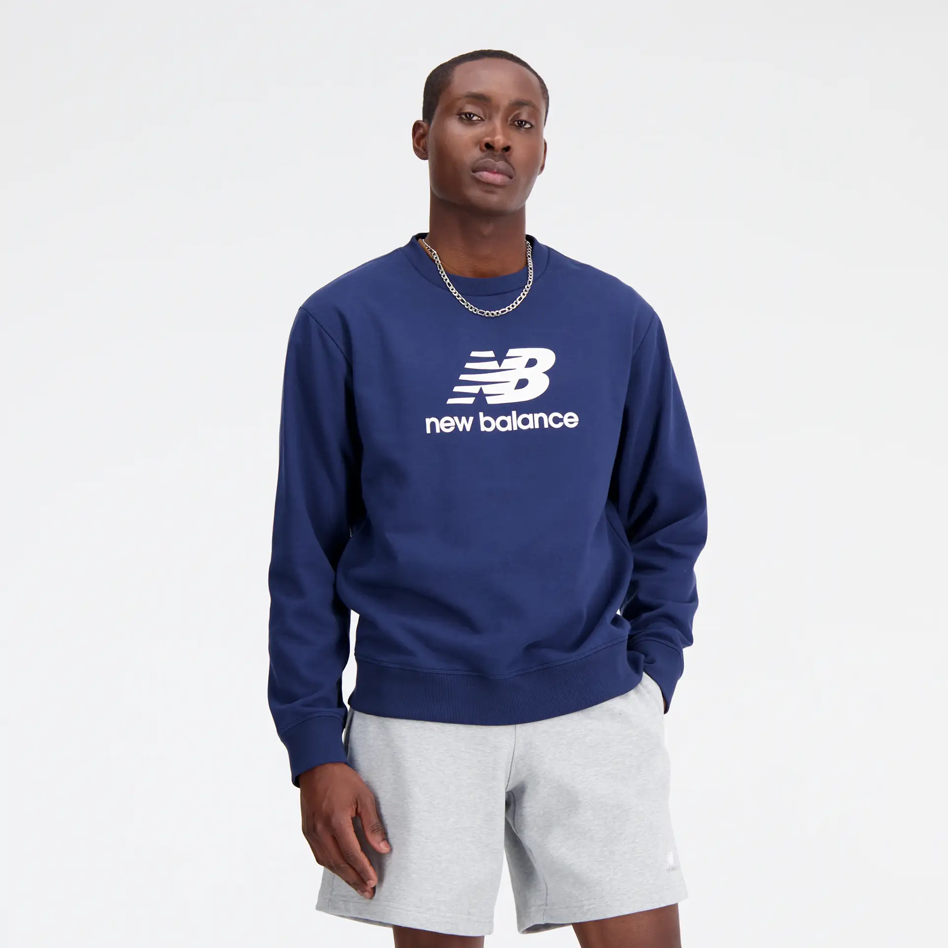 New Balance Essentials Stacked Logo French Terry Crewneck Navy