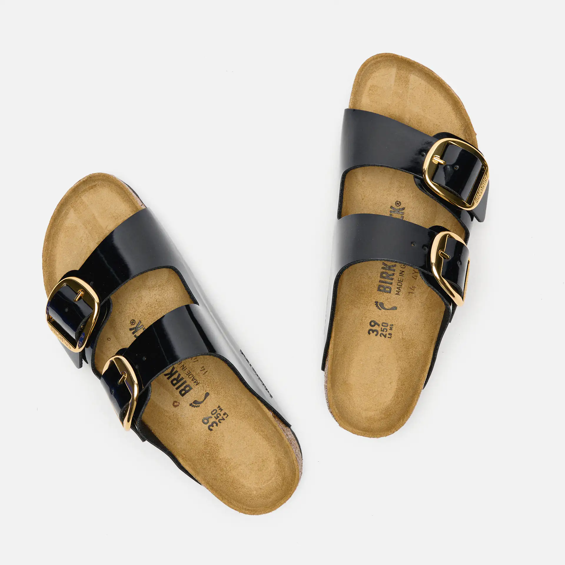 Birkenstock Arizona Big Buckle Birko Flor Sandals Patent Black Gold