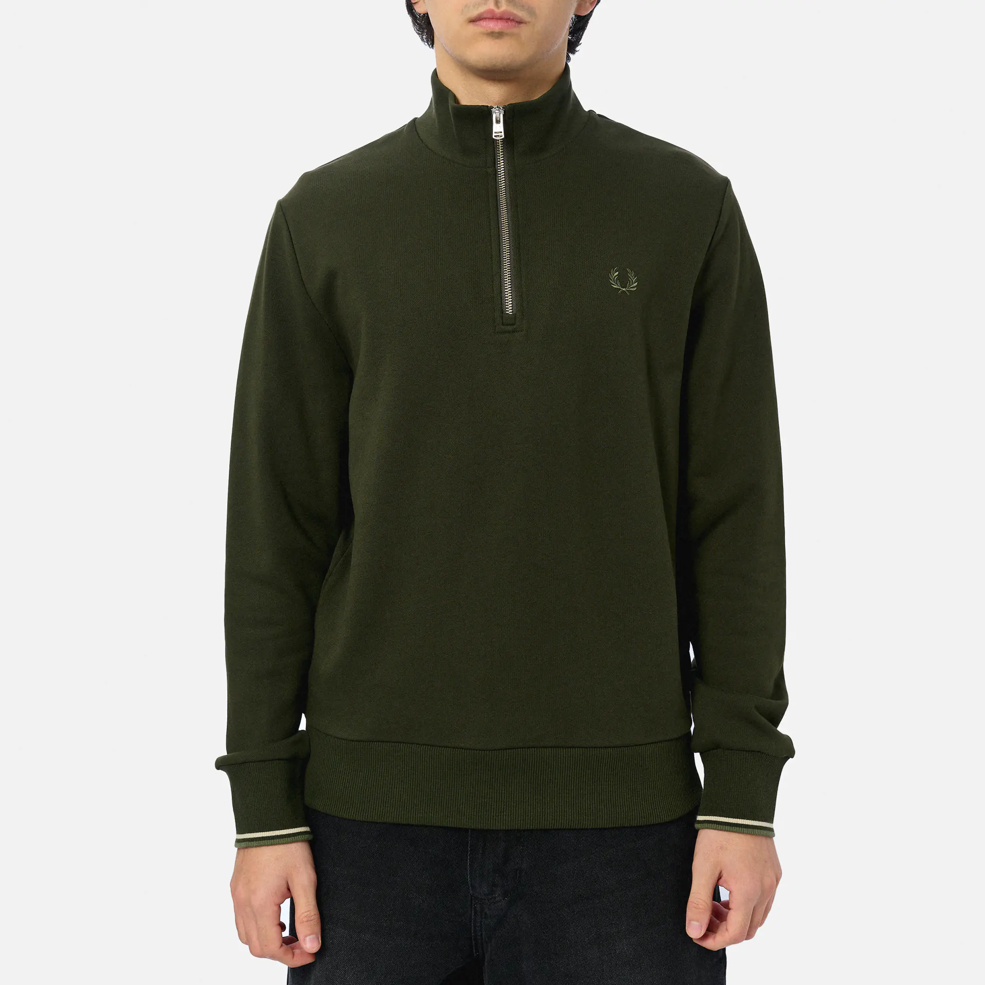 Fred Perry Half Zip Sweatshirt Hunting Green/Light Oyster/Laurel Wreath Green