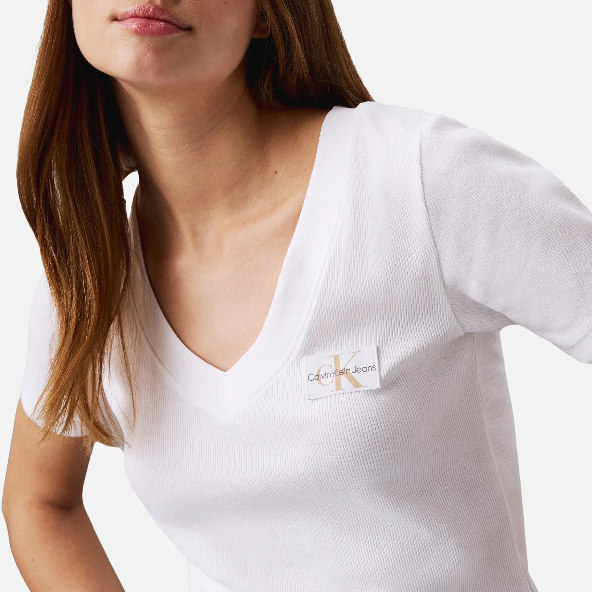 Calvin Klein Jeans Woven Label Rib V-Neck T-Shirt White