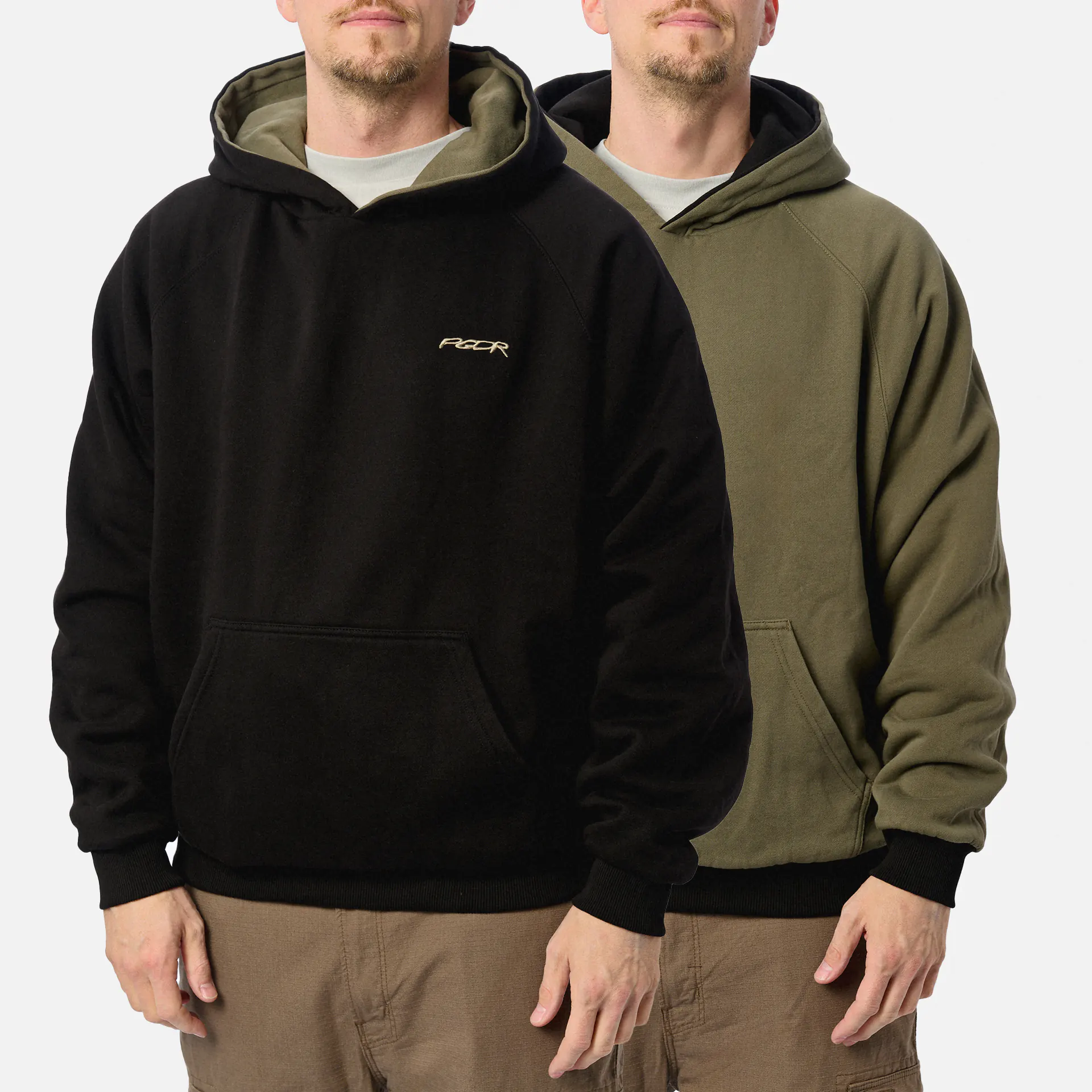 PEGADOR Moolt Reversible Boxy Double Layer Hoodie Washed Black Faded Olive